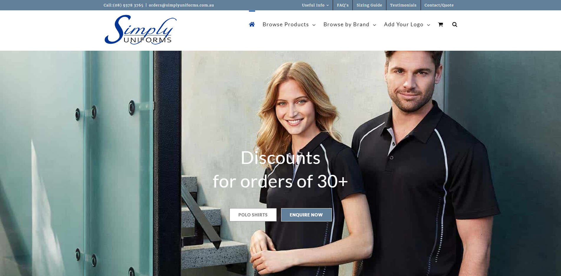 The landing page and home page of simply uniforms website australia bulk discount uniform supplier